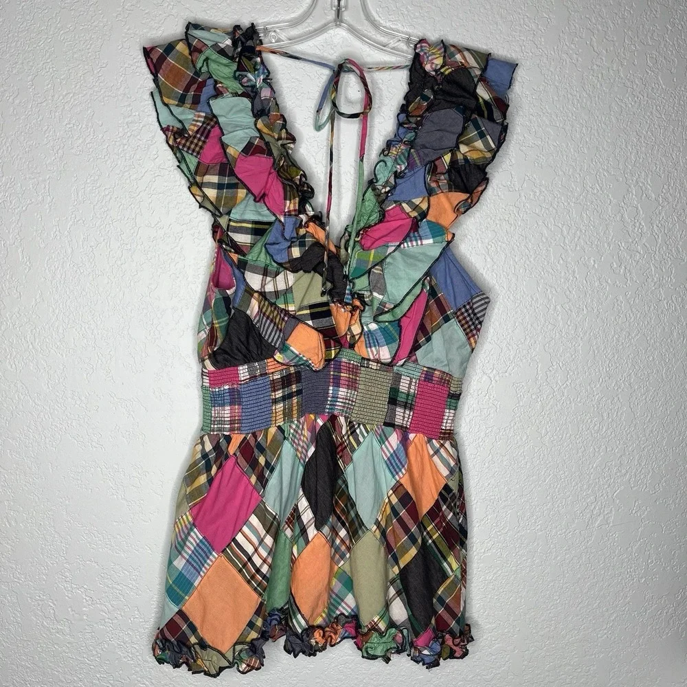 NWT $425 Love the Label Azalea Patchwork Vibrant Madras‎ Plaid Mini Dress L